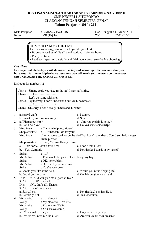 Download Gratis Soal Ulangan Bahasa Inggris Kelas 7 Semester 1 Rumah